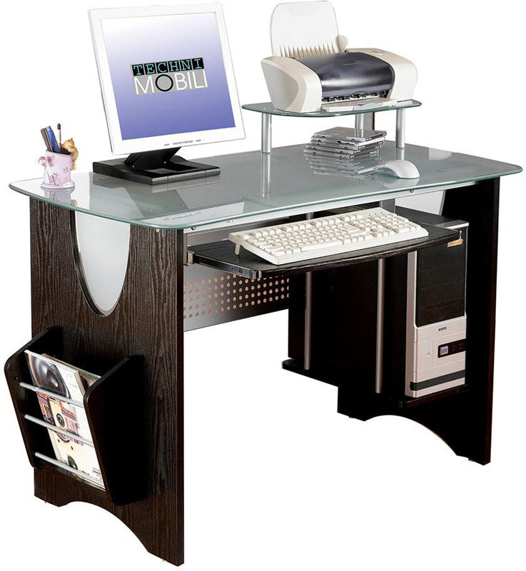 Techni Mobili Rta-3325-es18 Stylish Frosted Glass Top Computer Desk With Storage. Color: Espresso