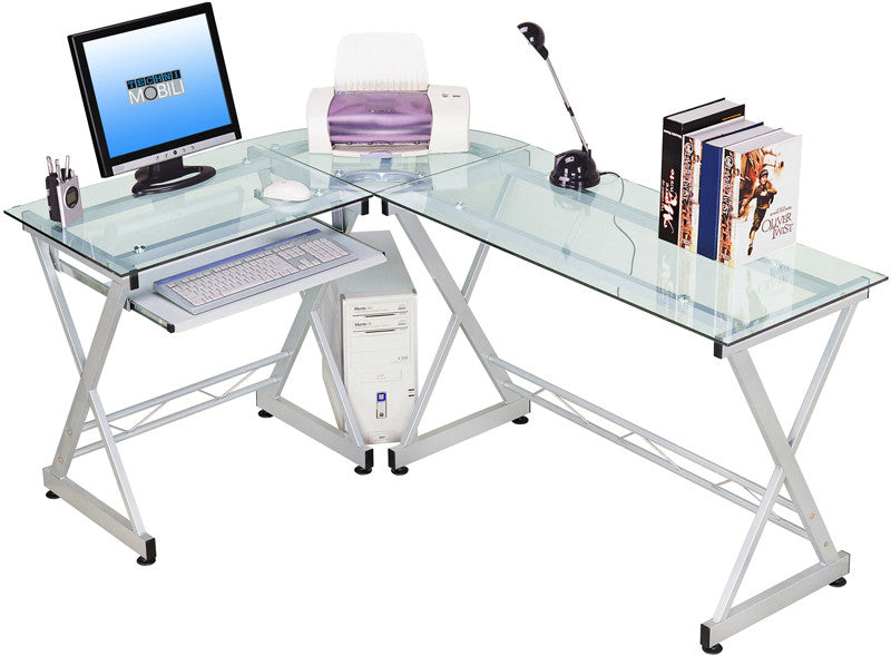 Techni Mobili Rta-3802-gls L-shaped Tempered Glass Top Computer Desk With Pull Out Keybaord Panel. Color: Clear
