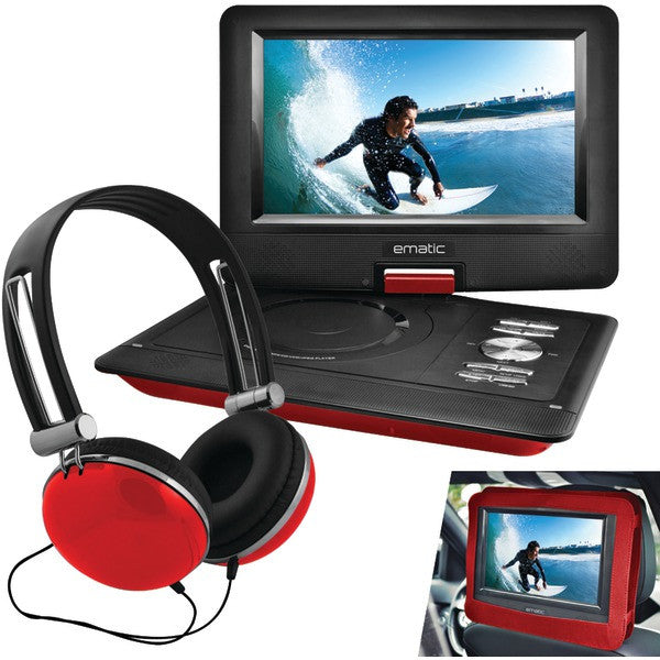 Ematic Epd116rd 10” Portable Dvd Player With Headphones & Car-headrest Mount (red)