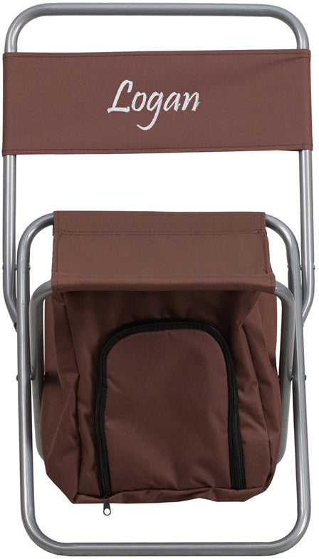 Flash Furniture Ty1262-bn-txtemb-gg Personalized Kids Folding Camping Chair With Insulated Storage In Brown
