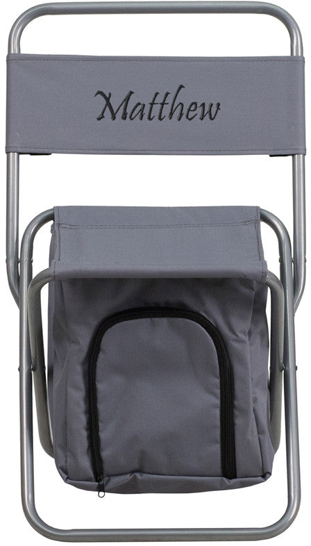 Flash Furniture Ty1262-gy-txtemb-gg Personalized Kids Folding Camping Chair With Insulated Storage In Gray