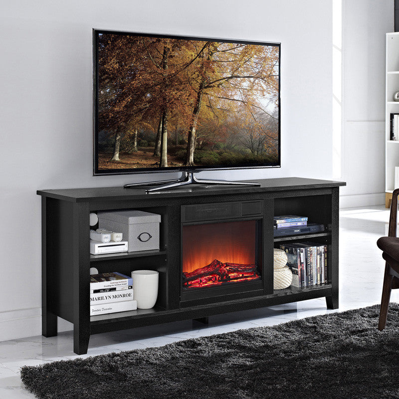 Walker Edison W58fp18bl 58" Black Wood Tv Stand With Fireplace Insert
