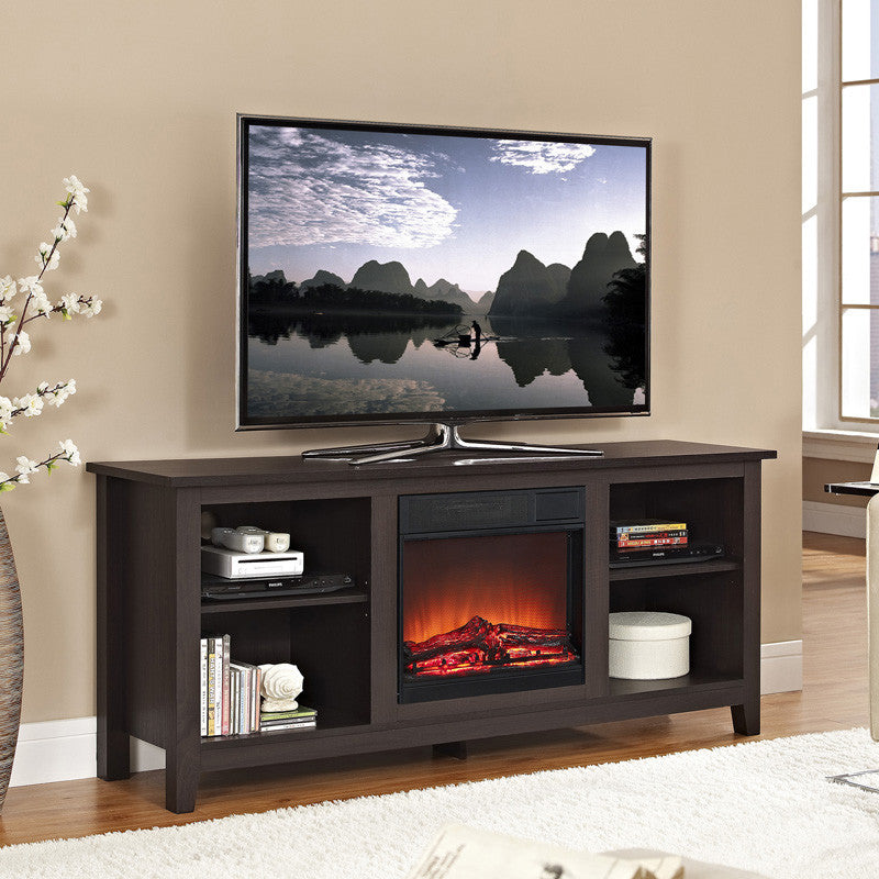 Walker Edison W58fp18es 58" Espresso Wood Tv Stand With Fireplace Insert
