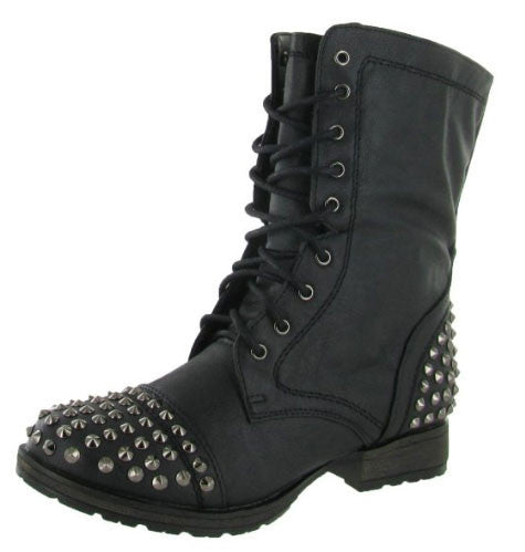 Georgia-28 Studded Lace Up Mid Calf Military Combat Boot