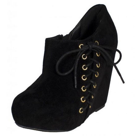 Coye Side Lace Up Hidden Platform Wedge Ankle Bootie With Side Zipper In Faux Suede