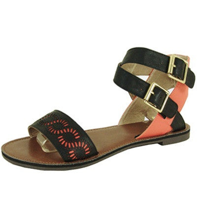 Athena-577a Two Tone Perforated Open Toe Flat Sandal