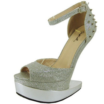 Bizarre-01 Glitter Spike Heel Less Ankle Strap Curved Wedge
