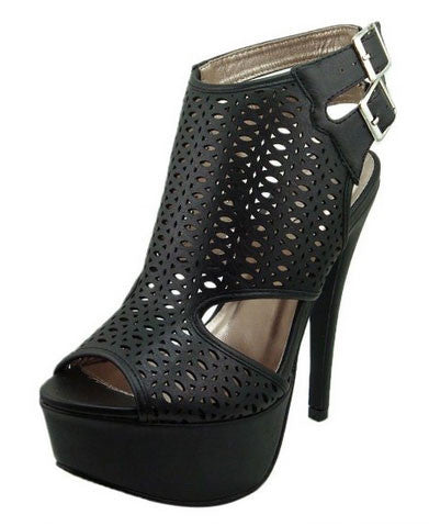 Confess-72 Leatherette Caged Cut Out Platform Stiletto Heel Bootie