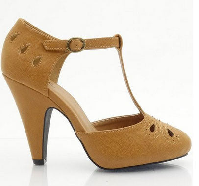 Nadine-88x Vintage Inspired Vegan Suede Round Toe T-strap Ankle Strap Cut Out Pump