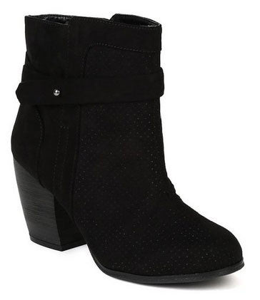 Suede Maze-34 Perforated Round Toe Chunky Heel Ankle Bootie