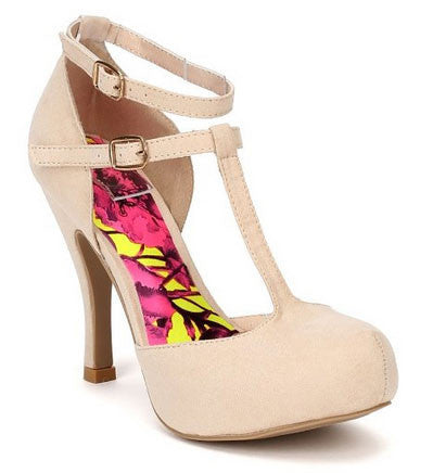 Trench-145 Women Suede T-strap Almond Toe Pump