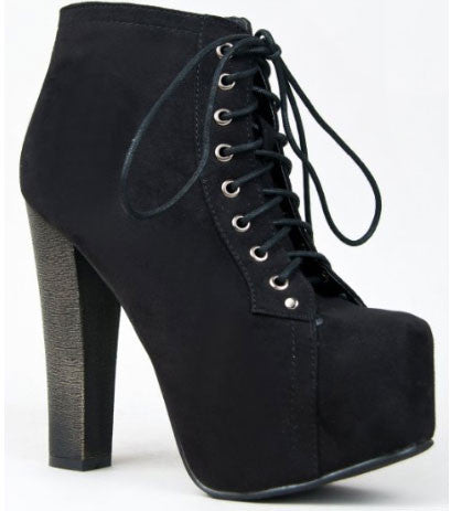 Britney-01w Lace Up Wooden Chunky High Heel Ankle Bootie