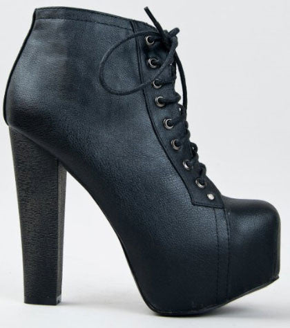 Britney-02 Lace Up Wooden Chunky High Heel Ankle Bootie