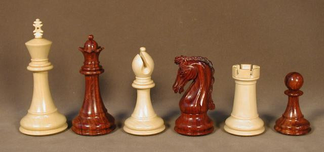 Bud Rosewood And Boxwood Chetak Chess Pieces, Triple Weighted, Double Queens, Leather Pads, 4 1/4" King