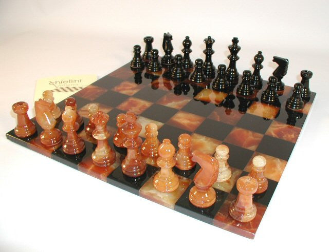 14" Alabaster Chess Set, Black/brown Chess Board, 3" King