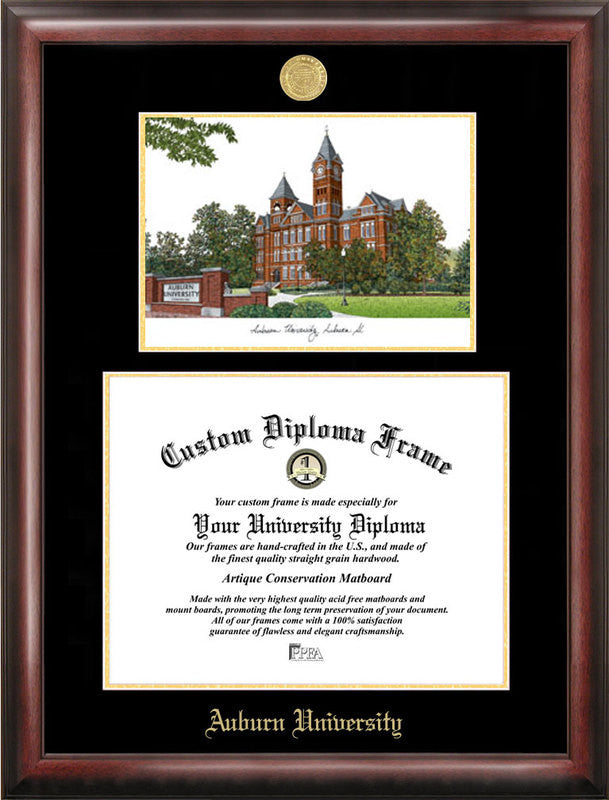 Auburn University Gold Embossed Diploma Frame With Campus Images Lithograph