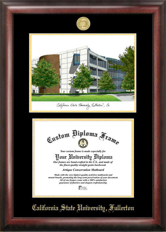 California State University, Fullerton Gold Embossed Diploma Frame With Campus Images Lithograph