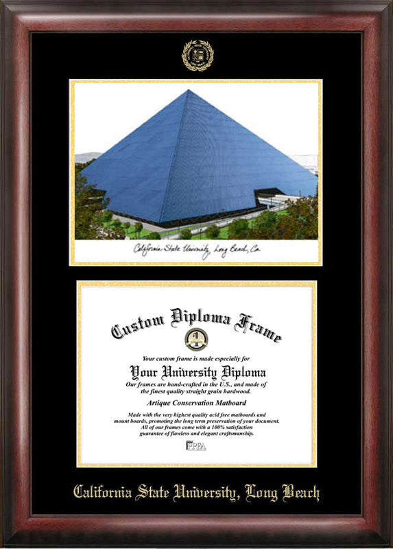 Cal State Long Beach Gold Embossed Diploma Frame With Campus Images Lithograph