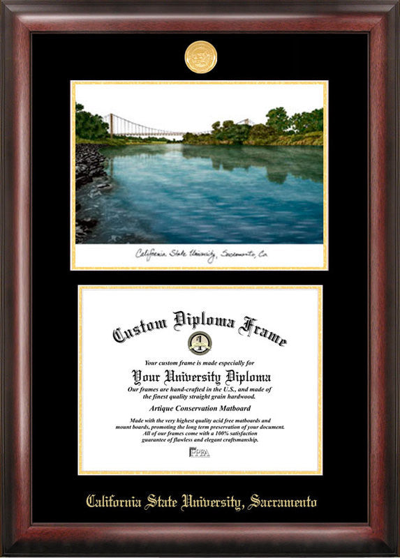 California State Sacremento University Gold Embossed Diploma Frame With Campus Images Lithograph