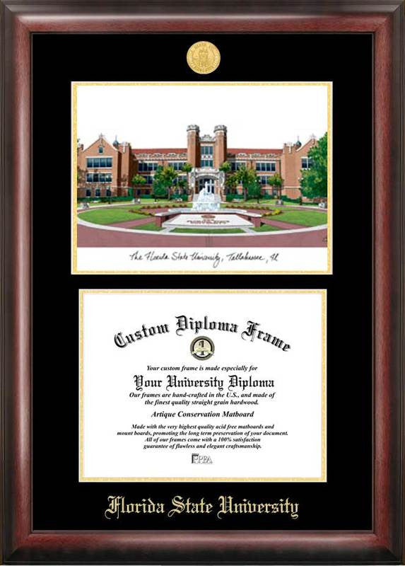 Florida State University Gold Embossed Diploma Frame With Campus Images Lithograph
