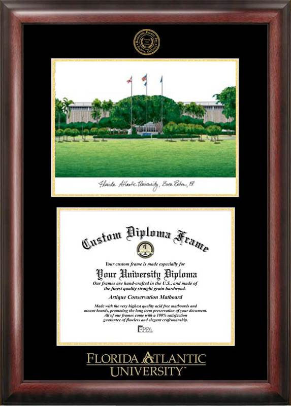 Florida Atlantic University Gold Embossed Diploma Frame With Campus Images Lithograph