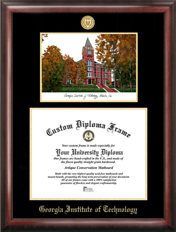 Georgia Institute Of Technology Gold Embossed Diploma Frame With Campus Images Lithograph