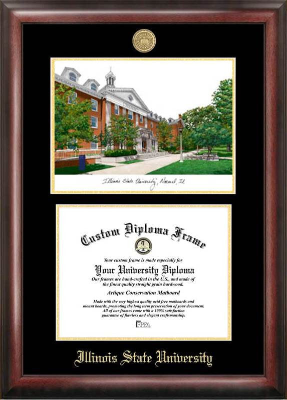 Illinois State Gold Embossed Diploma Frame With Campus Images Lithograph