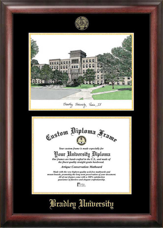 Bradley University Gold Embossed Diploma Frame With Campus Images Lithograph