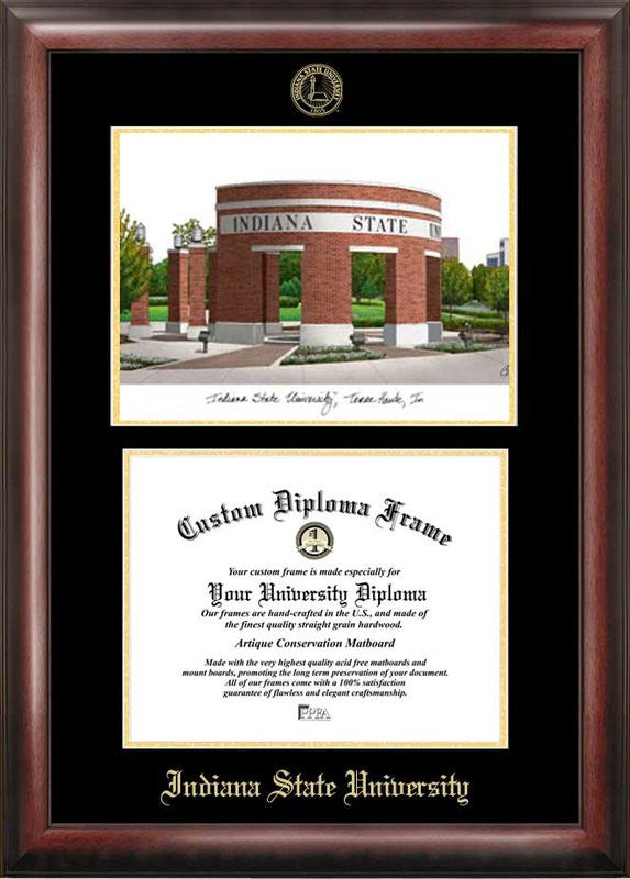 Indiana State Gold Embossed Diploma Frame With Campus Images Lithograph