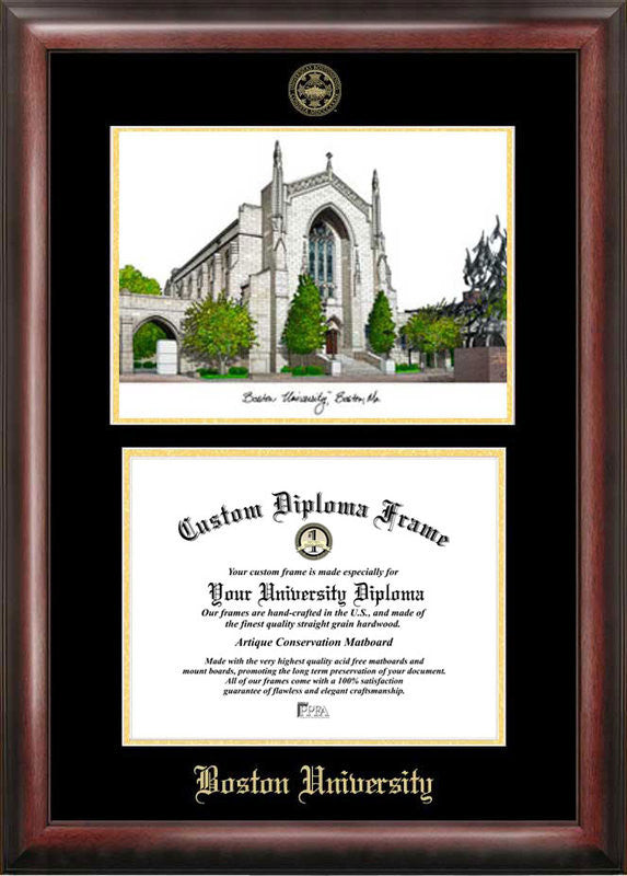 Boston University Gold Embossed Diploma Frame With Campus Images Lithograph