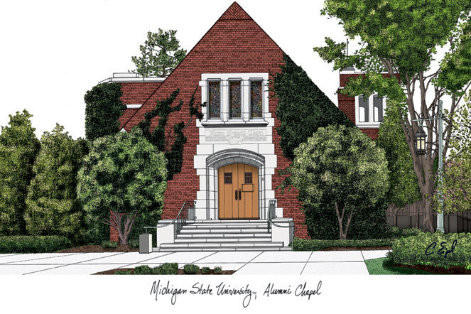 Michigan State University, Alumni Chapel ,campus Images Lithograph Print