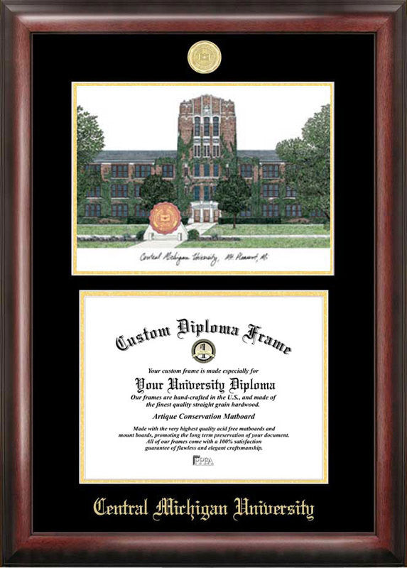 Central Michigan University Gold Embossed Diploma Frame With Campus Images Lithograph