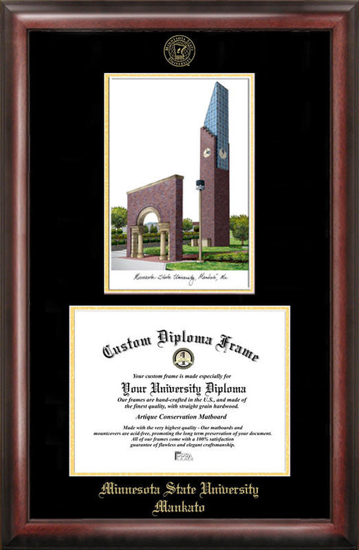 Minnesota State University Mankatogold Embossed Diploma Frame With Campus Images Lithograph