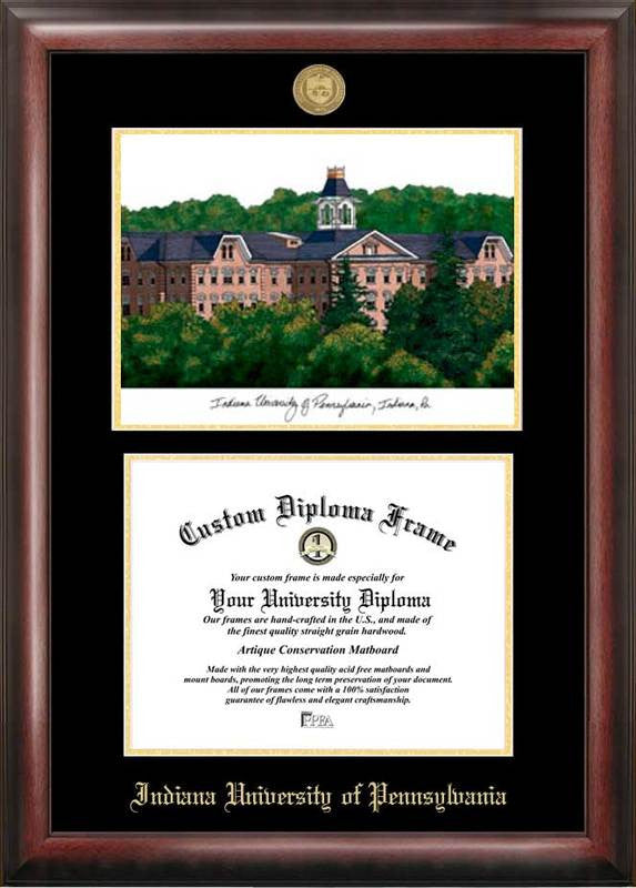 Indiana Univ, Pa Gold Embossed Diploma Frame With Campus Images Lithograph