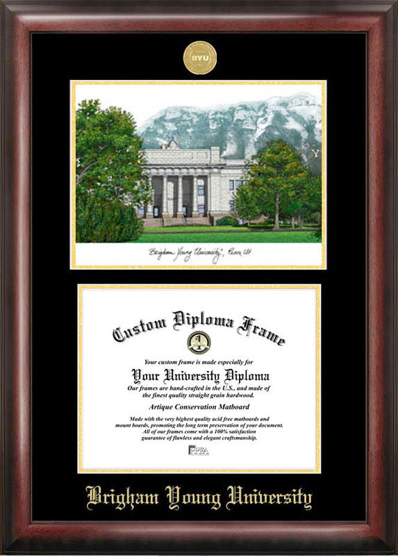 Brigham Young University Gold Embossed Diploma Frame With Campus Images Lithograph