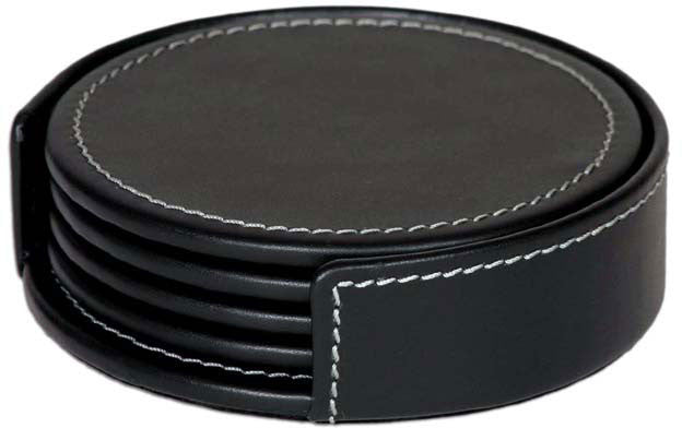 Rustic Leather 4 Round Coaster Set With Holder A1245 By Decasso