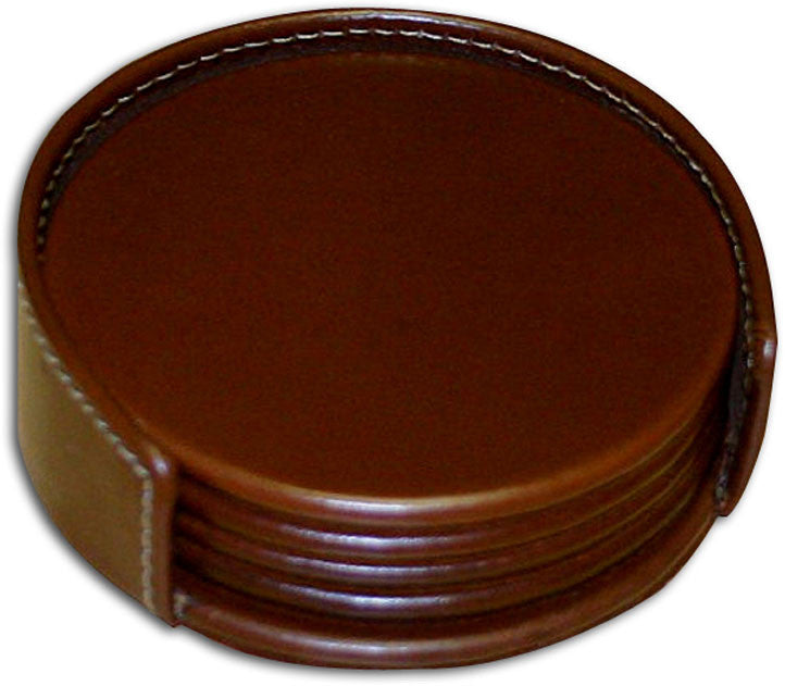 Rustic Leather 4 Round Coaster Set With Holder A3245 By Decasso
