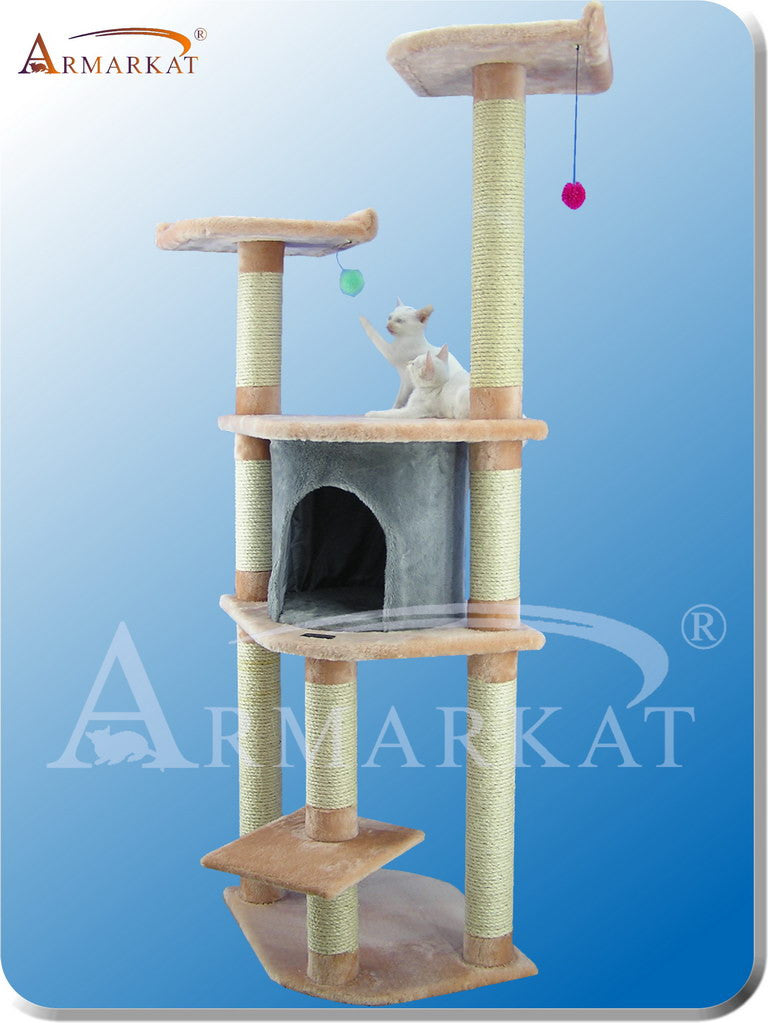 Armarkat A6401 Faux Fur Pressed Wood 3.5" Diameter Post Cat Tree 34" L X 24" W X 64" H - Blanched Almond With Silver Grey Condo