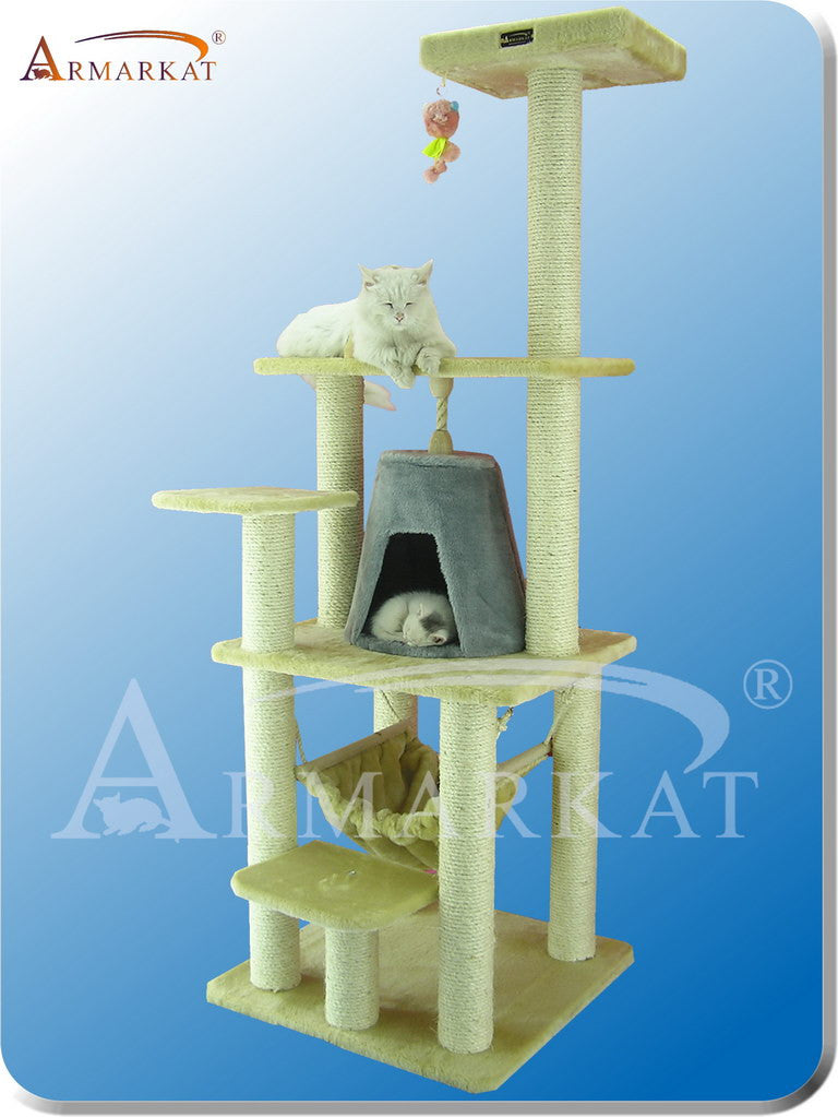 Armarkat A6501 Faux Fur Pressed Wood 3.5" Diameter Post Cat Tree 30" L X 28" W X 65" H - Beige With Silver Gray Condo