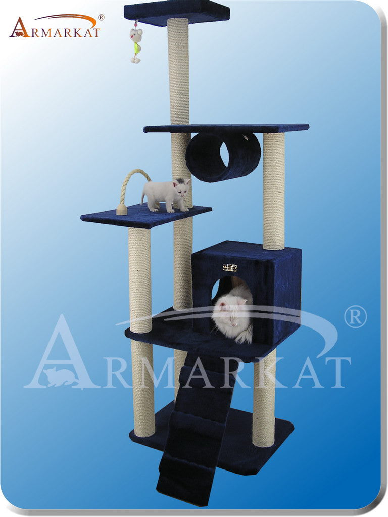 Armarkat A7101 Faux Fur Pressed Wood 3.5" Diameter Post Cat Tree 32" L X 30" W X 71" H - Navy Blue