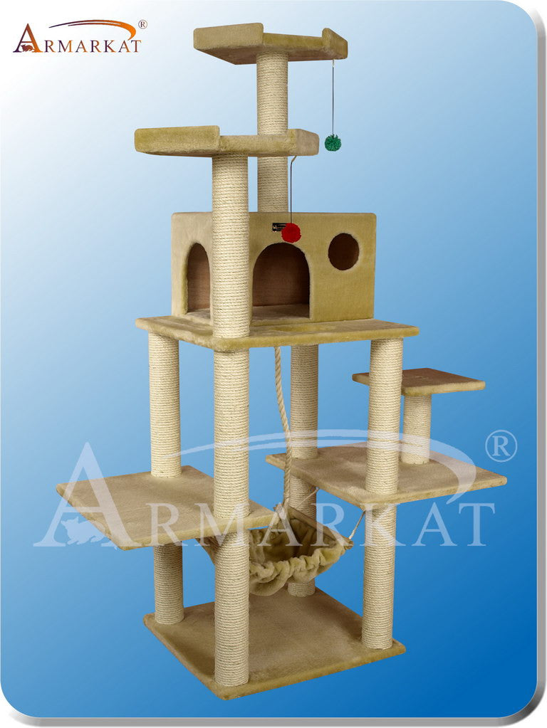 Armarkat A7202 Faux Fur Pressed Wood 3.5" Diameter Post Cat Tree 53" L X 22" W X 72" H - Beige