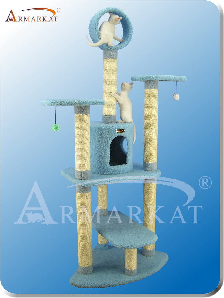 Armarkat B6605 Faux Fleece Pressed Wood 3.5" Diameter Post Cat Tree 38" L X 24" W X 66" H - Sky Blue