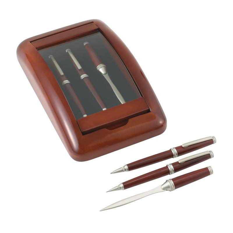 Alex Navarre 3pc Pen, Pencil And Letter Opener In A Wood And Glass Case From The "hanover Collection"
