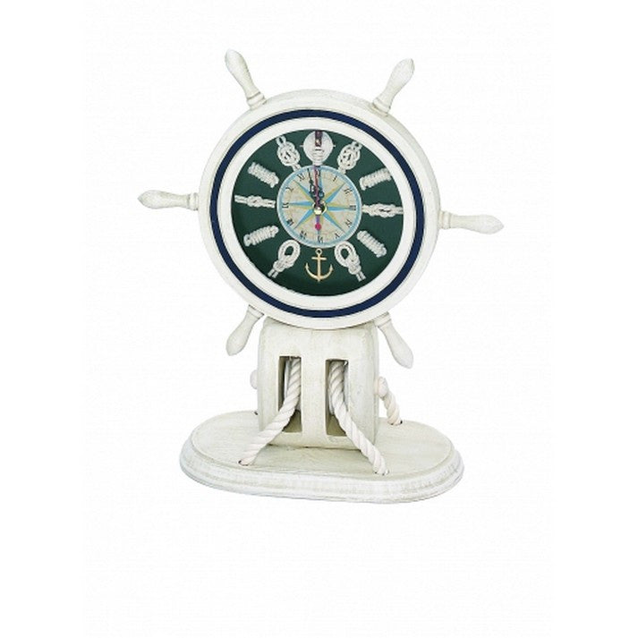 Handcrafted Model Ships Md-081 Wooden Whitewash Ship Wheel Mantel Knot Clock 13"
