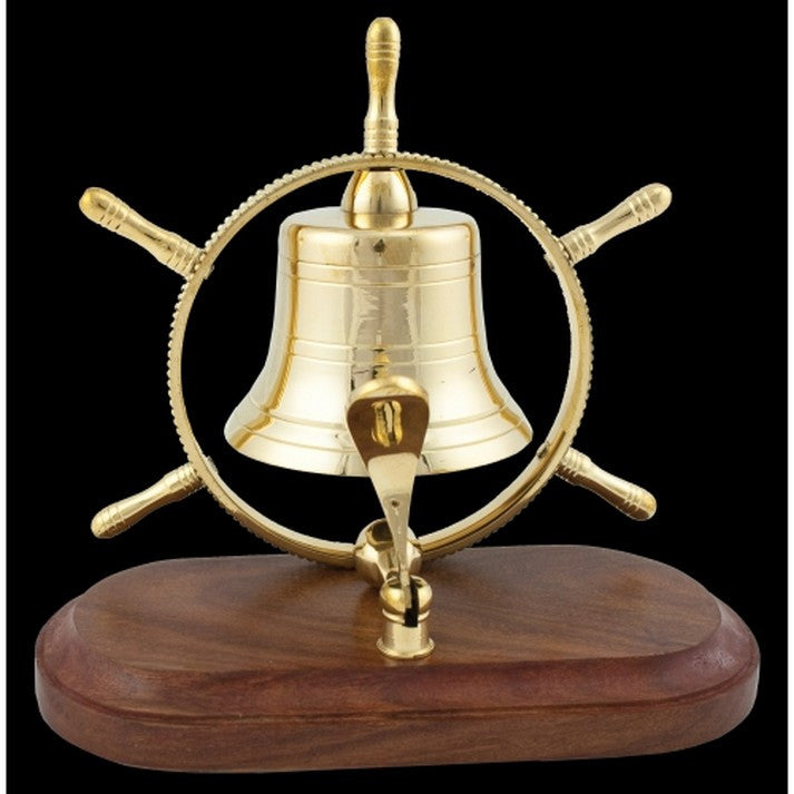 Handcrafted Model Ships Md-092 Solid Brass Ship Wheel Bell On Wood Base 7"