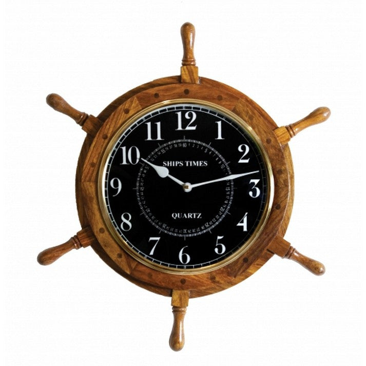Handcrafted Model Ships Md-154 Wooden Black-faced Ship Wheel Clock 18"