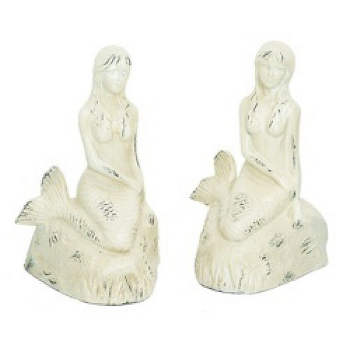 Handcrafted Model Ships Md-378 Whitewash Cast Iron Mermaid Bookends 8"