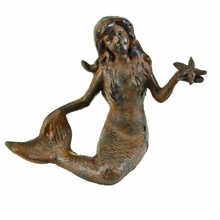 Handcrafted Model Ships Md-708 Rustic Cast Iron Mermaid With Starfish 9"