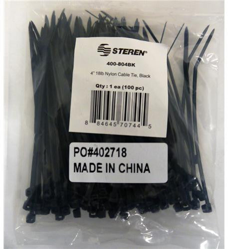 Steren St-400-804bk 4" Black Nylon Ties 100 Pack
