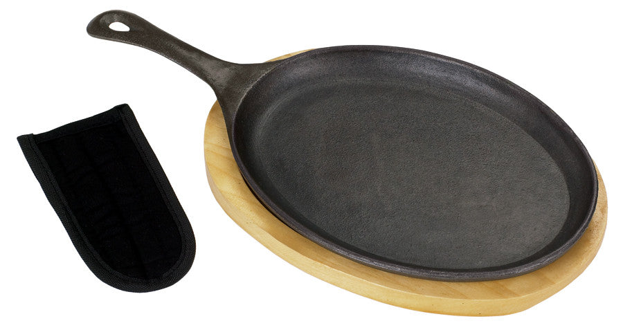 Bayou Classic Cast Iron Fajita Pan And Wooden Tray Set